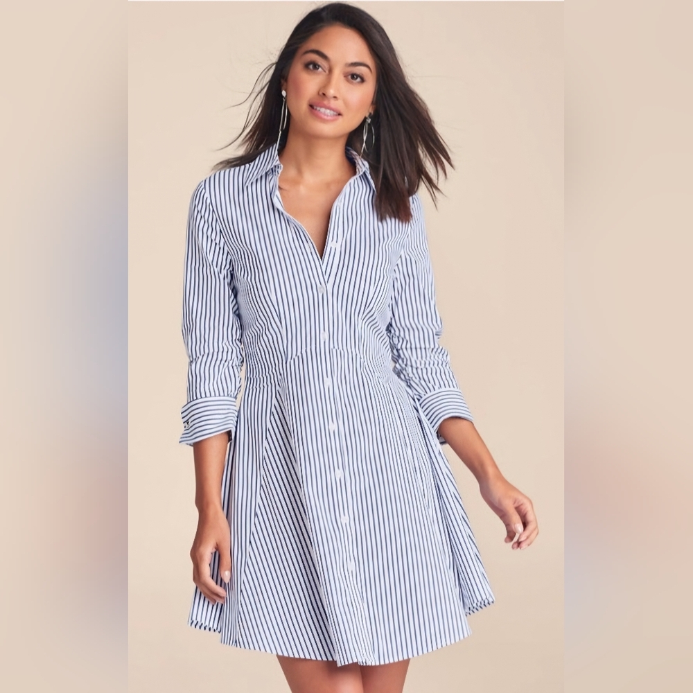 Venus Blue & White Striped Collared Shirt Dress NWT - Picture 1 of 4